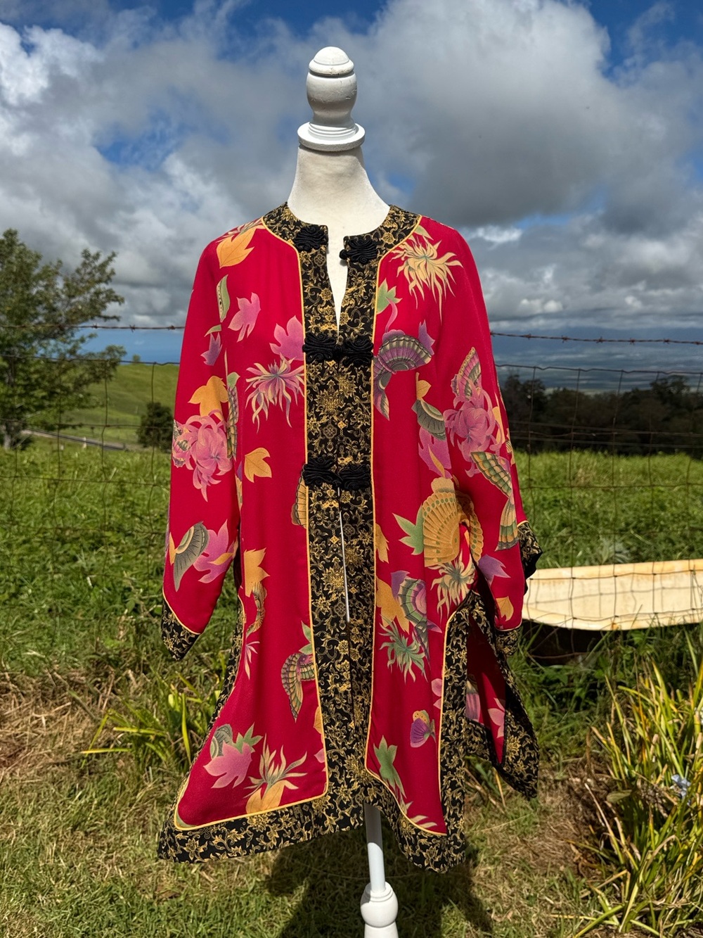 Vintage Anne Namba Silk Red Black Long Sleeve Mandarin Tunic Top Asian Inspired